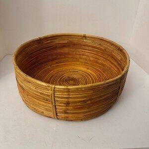 Vtg Coiled Rattan Bamboo Art Round 14" Bowl Basket Boho Chic Farmhouse READ